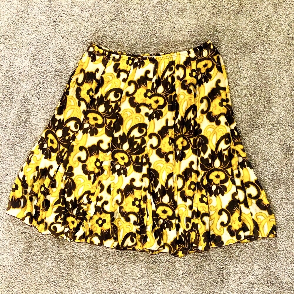 Rafael Essential Full Midi Skirt XL Crinkle Floral Summer Elastic Waist yellow